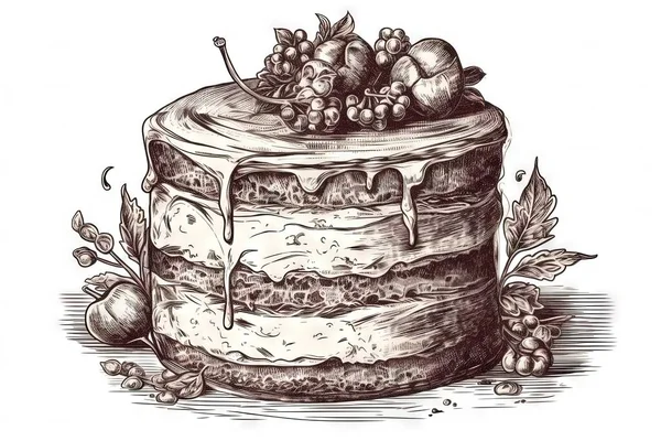 a drawing of a chocolate cake with cherries on top and a chocolate drizzle on the top of the cake, with cherries on top of the cake.