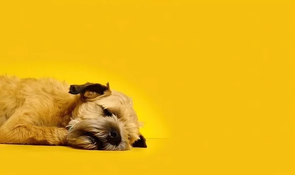 a small dog laying on its back on a yellow surface with its head on the back of a small dog\'s head, with it\'s eyes closed.