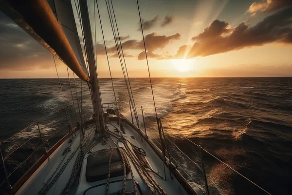 the sun is setting over the ocean on a sailboat.