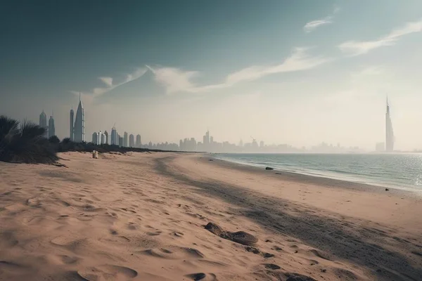 a sandy beach with a city in the distance on a foggy day.