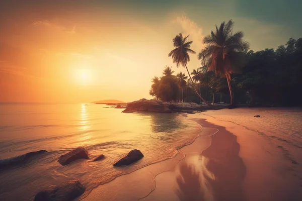 the sun is setting over the ocean with palm trees on the shore.