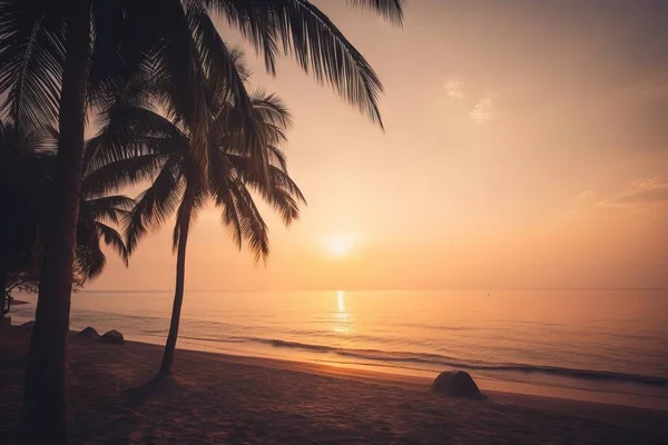 the sun is setting over the ocean with palm trees in the foreground.