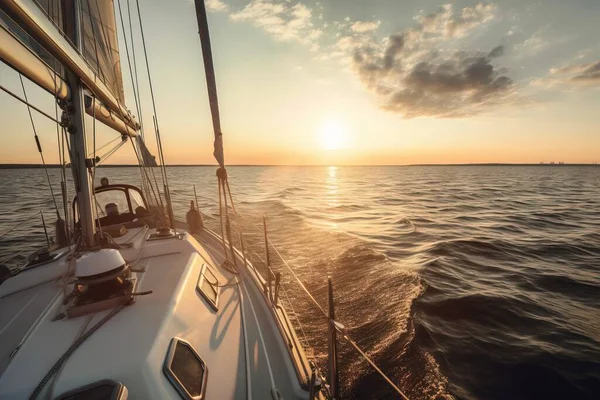 the sun is setting over the ocean on a sailboat.