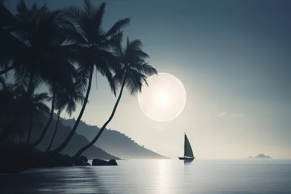 a sailboat on the ocean with palm trees in the background.