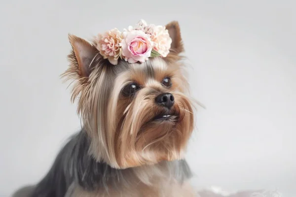 a small dog with a flower in its hair is looking at the camera.