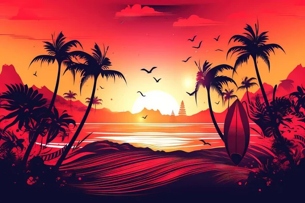 a painting of a sunset with palm trees and a surfboard.