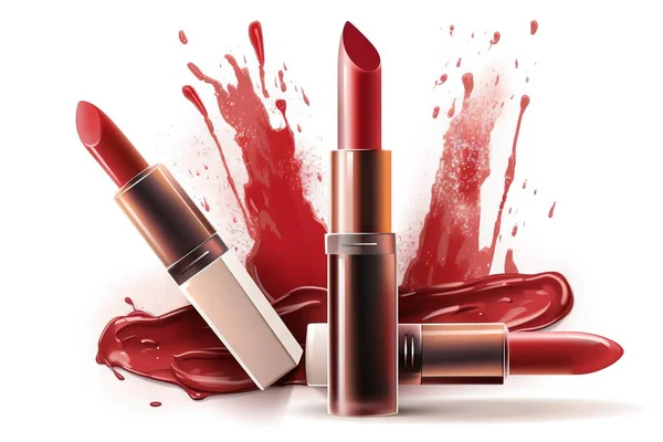 a red lipstick with a splash of red paint on it and a white background with a red splash on the bottom of the lipstick and the lipstick.