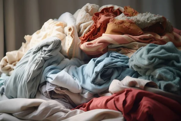a pile of folded clothes sitting on top of a bed next to a window in a room with a curtain on the window sill.