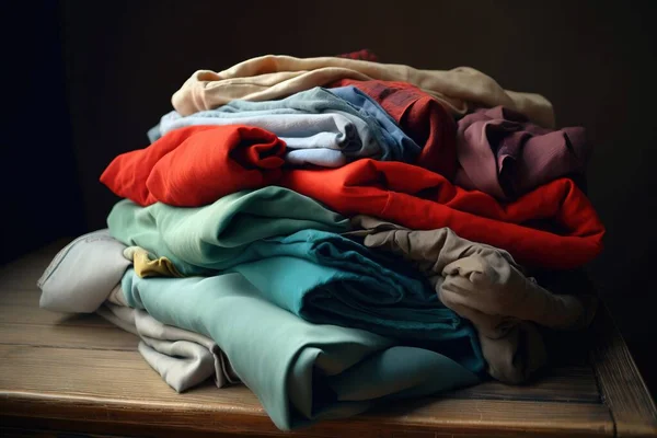 a pile of folded clothes sitting on top of a wooden table next to a window sill in a dark room with a dark background.