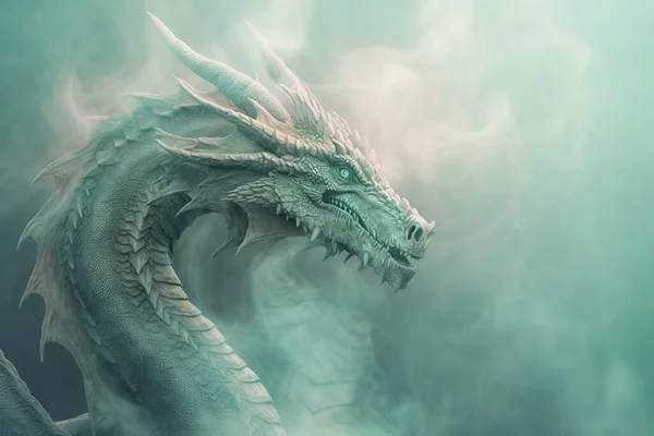 a white dragon with green eyes and a black tail is in the smoke of the water and looks like it\'s coming out of a fire.