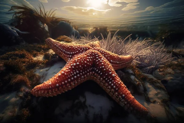 a large starfish laying on top of a sandy beach next to a sea weed covered ocean floor under a cloudy sky with sun shining through the clouds.