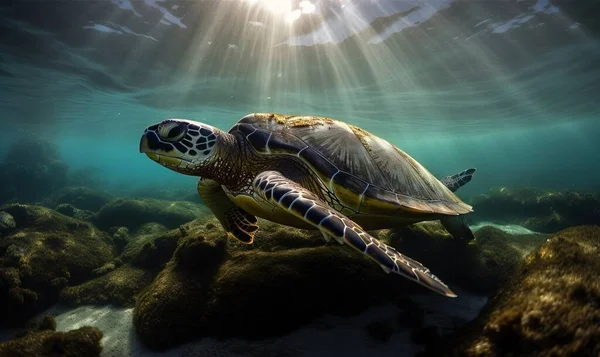a turtle swimming in the ocean with sunbeams above it\'s head and under the water\'s surface, under the water\'s surface.