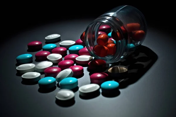 a jar filled with lots of colorful pills on top of a black table next to a white and red pill bottle with red and blue pills in it.