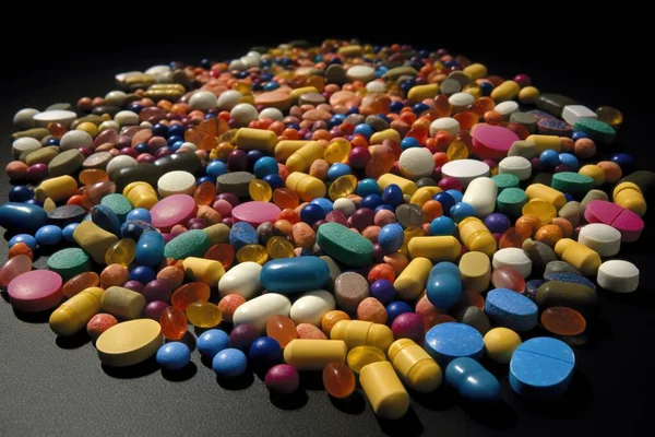 a pile of pills on a black surface with a black back ground and a black back ground with a lot of colorful pills on it.