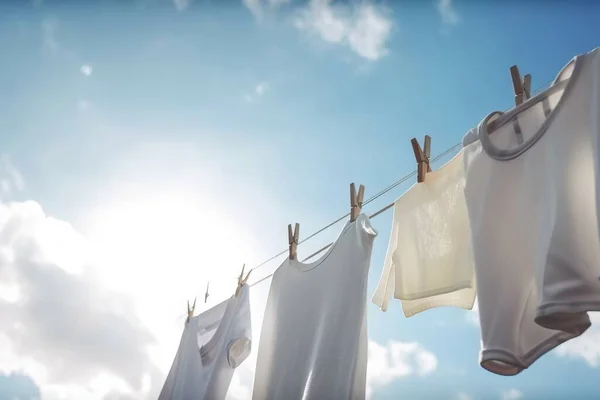 clothes hanging on a clothes line with the sun in the background and clouds in the sky behind them, and a few white ones hanging on a clothes line.