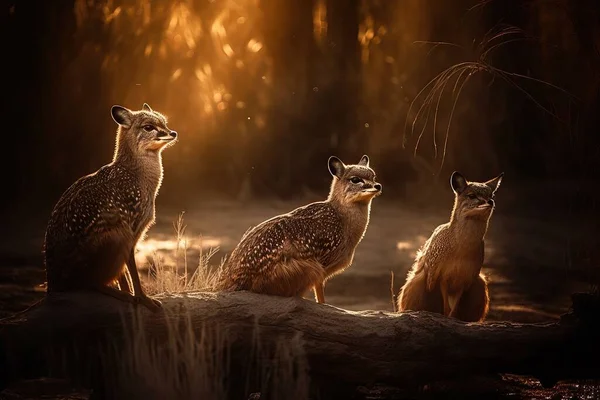 a group of three animals sitting on top of a tree stump in the woods at sunset time, with the sun shining through the trees behind them.
