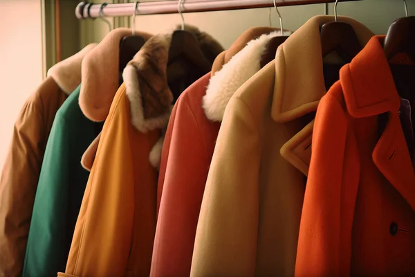 a row of coats hanging on a rack in a room with a coat rack and coat hanger in front of it, and a coat rack with coats hanging on it. .