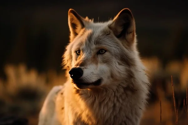 a white wolf standing in the middle of a field of tall grass with a dark background and a light shining on it\'s face.
