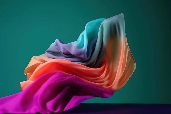 a multicolored flowing fabric on a green background with room for text or image to be put on a poster or a wall hanging.