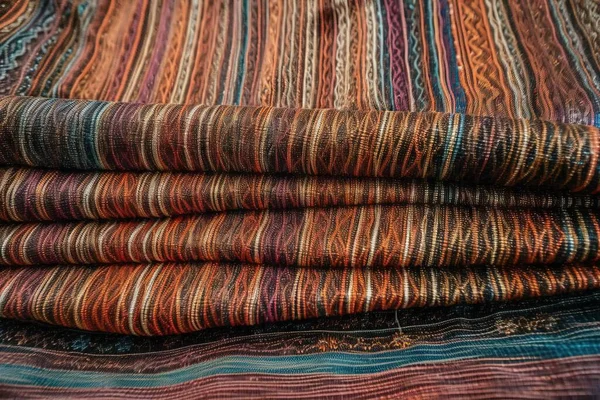 a pile of multicolored cloths sitting next to each other on top of a tablecloth covered in a cloth covered table cloth.