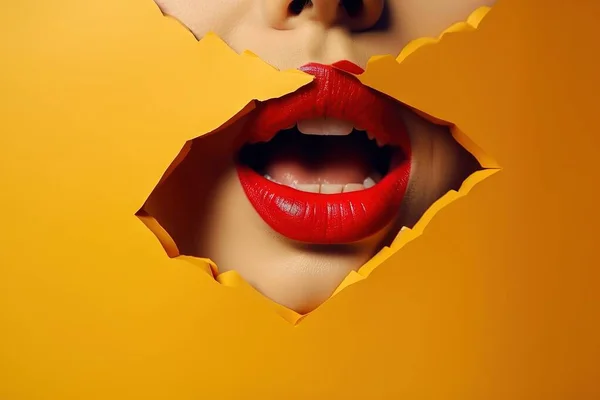 a woman\'s mouth is seen through a hole in a yellow paper wall with a hole in the middle of the wall and a hole in the middle of the wall.