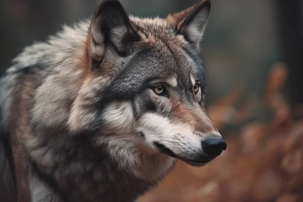 a wolf is standing in the woods looking at something in the distance with a blurry background of leaves and grass in the foreground.