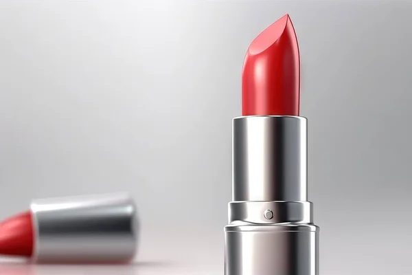 a red lipstick with a silver cap on a white table next to a silver container with a red lipstick in it and a silver cap on the top.