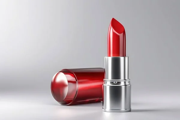 a red lipstick with a silver cap on a gray background with a reflection of the lipstick on the side of the lipstick, and a silver cap on the top of the lipstick.