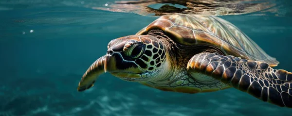 a turtle swimming in the ocean with its head above the water\'s surface and its head above the water\'s surface, with the water surface visible.