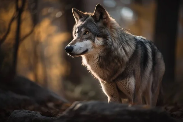 a wolf standing in the woods looking at the camera with a blurry back ground and trees in the back ground behind it, with sunlight coming through the trees.