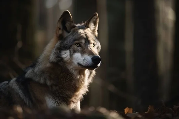 a wolf standing in the woods looking at the camera with a sad look on his face and eyes, with leaves on the ground and trees in the foreground.
