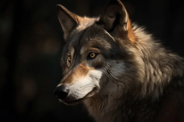 a close up of a wolf's face with a black background and a blurry background behind it, with only one eye visible.