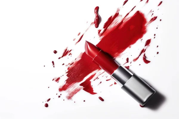 a red lipstick is spilled on a white surface with a red stain on the top of the lipstick and the bottom of the lipstick has been spilled off.