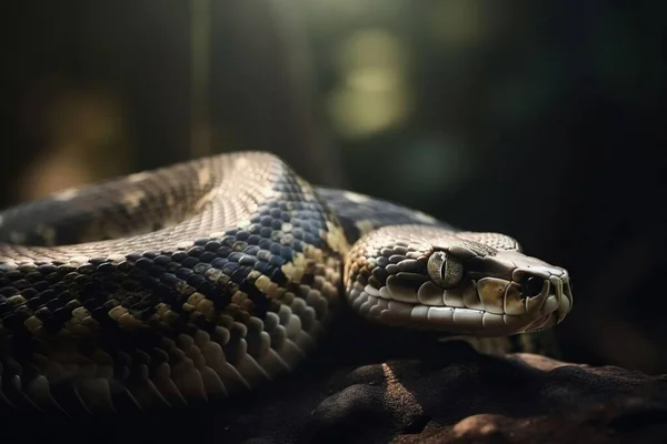 a close up of a snake on a rock in the sun with a blurry background of trees and leaves in the background, with a soft focus on the foreground.