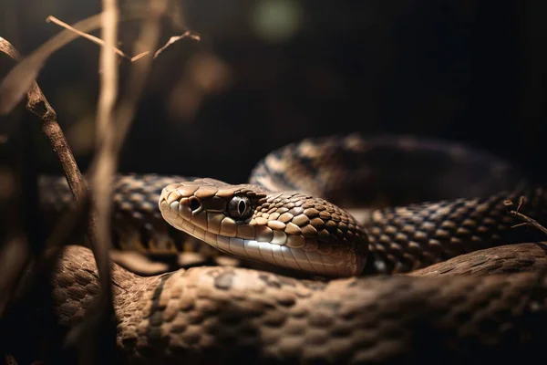 a snake is curled up on a branch in a dark room with light coming through the branches and the snake is looking at the camera.