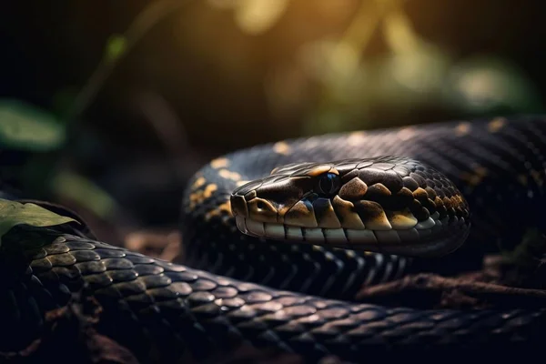 a close up of a snake on the ground with leaves in the foreground and a bright light in the back ground behind the snake.