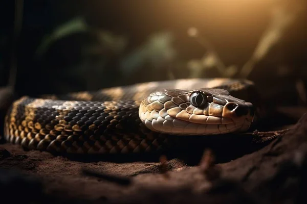 a close up of a snake on the ground with a light shining on it\'s head and neck and head turned to the side.