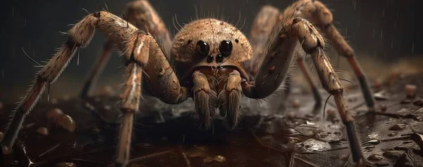 a close up of a large spider on the ground with drops of water on it\'s face and legs, with a dark background.