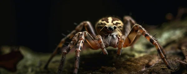 a close up of a spider on a tree branch with a black back ground and a black background with a small white spot on the front of the spider.