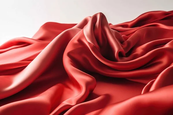 a close up of a red cloth with a white background in the middle of the image is a very large amount of red fabric with a very long, wavy, flowing fabric.