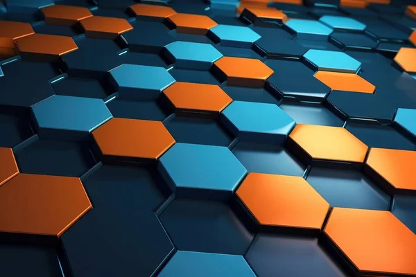 a blue and orange hexagonal background with orange hexagons on the sides of the hexagons are arranged in rows.