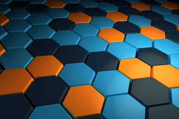 a blue and orange hexagonal background with a black background and orange hexagons on the sides of the hexagonal tiles.