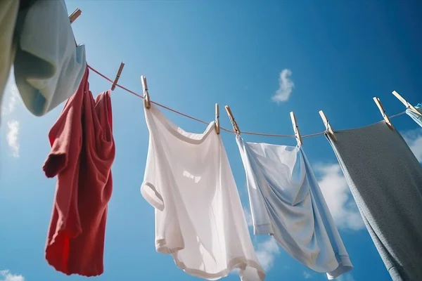 a line of clothes hanging on a clothes line against a blue sky with clouds and a few white towels hanging on a clothes line with a clothes line.