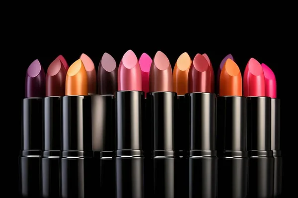 a group of lipsticks lined up in a row on a black background with a reflection on the surface of the image and a black background.