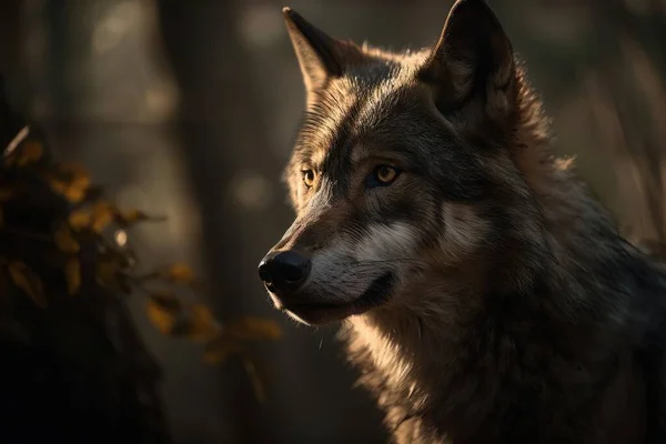 a close up of a wolf in a forest with trees in the background and sunlight shining on the wolf\'s head and eyes,.