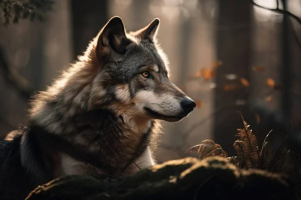 a wolf is standing in the woods looking off into the distance with his head turned to the right and his eyes open and his eyes wide open.