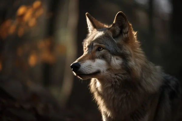 a wolf standing in a forest looking at something in the distance with a blurry background of trees and leaves behind it and a blurry image of the wolf\'s head.