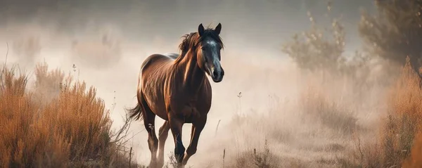 a brown horse running through a field of tall grass and trees in the foggy morning light of the morning, with a black horse running in the foreground.