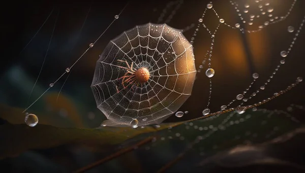a spider sits on top of a web on a leaf.