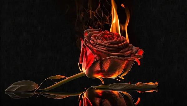 a red rose with flames on a black background with a reflection.
